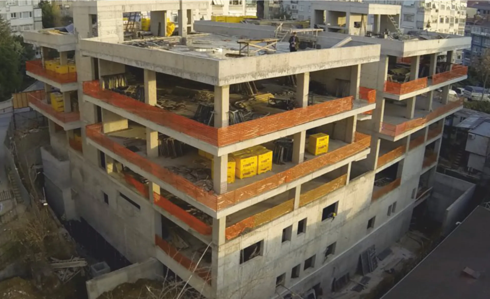 Aerial view of the rising reinforced concrete frame of NB Hospital in Acıbadem, Kadıköy