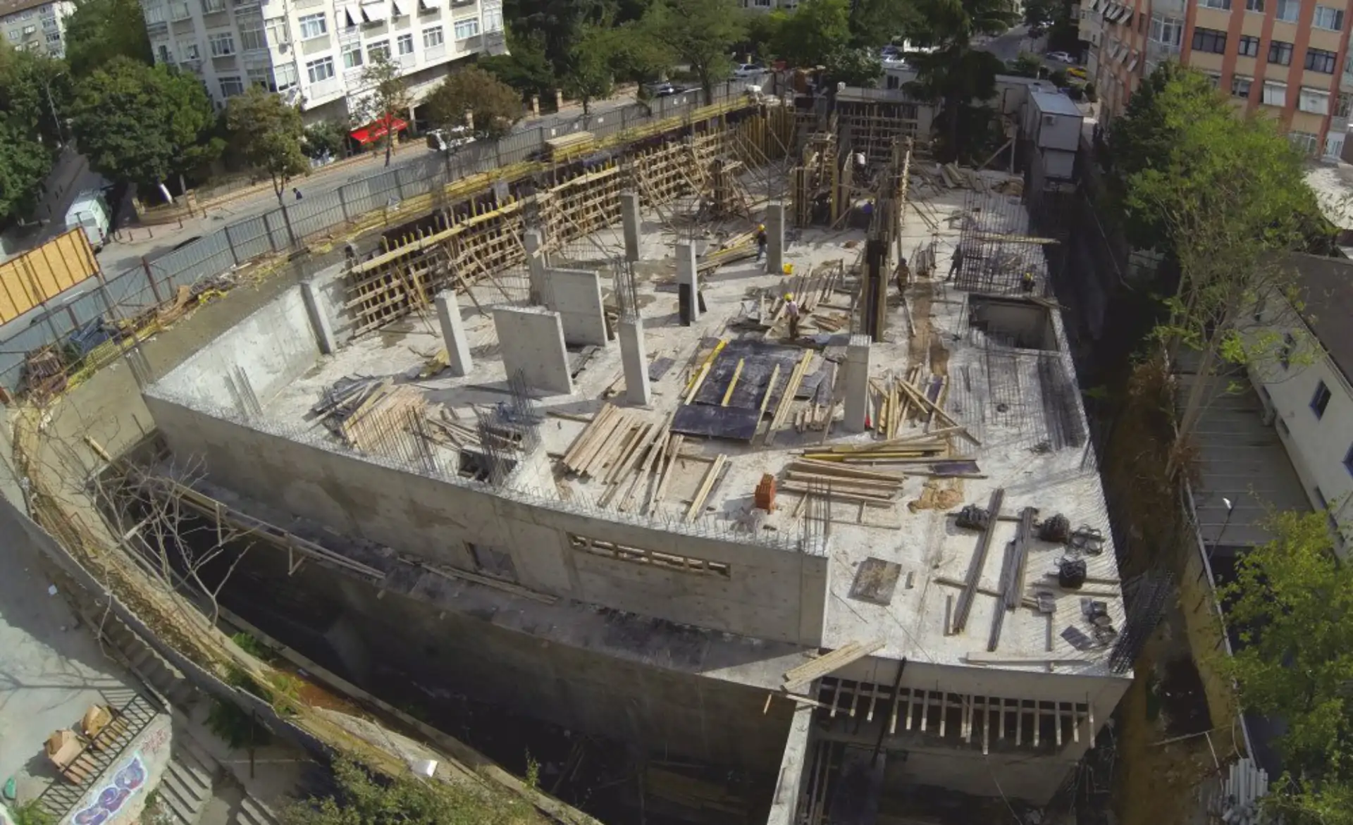 Aerial view of the basement floors under construction at NB Hospital in Acıbadem, Kadıköy